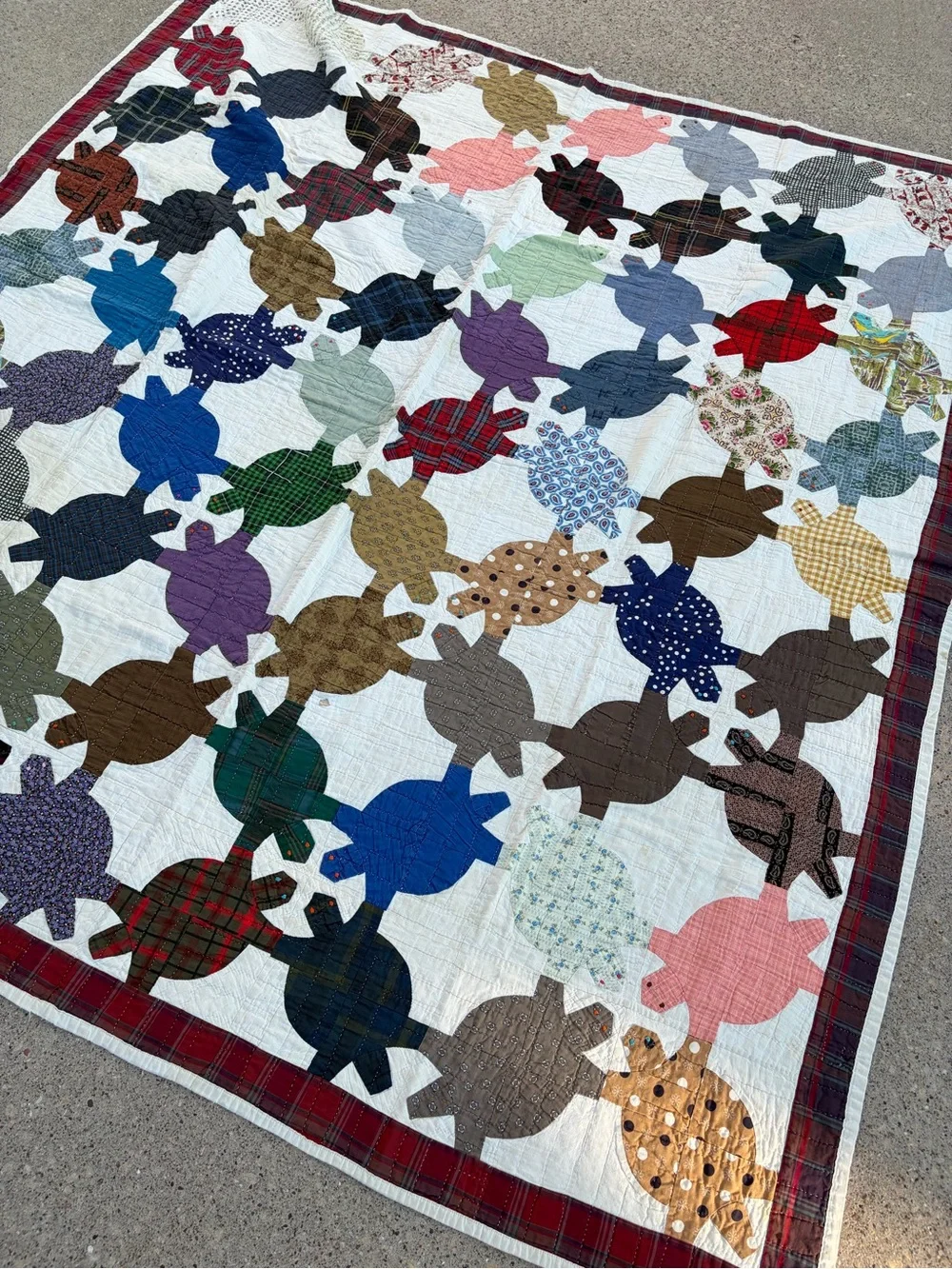 Vintage turtle handmade quilt large throw blanket patchwork multi color tortoise